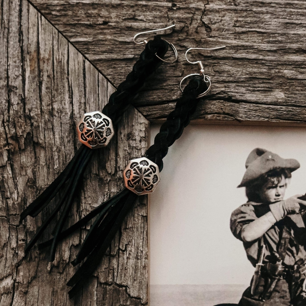 Concho braided leather earrings